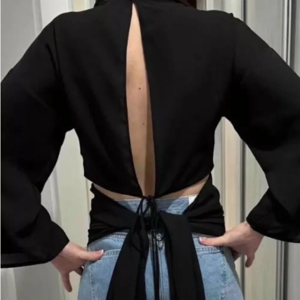 Zara Black Asymmetric Flowing Cut Out Open Back Blouse Top Tie Back NWOT - Picture 4 of 15